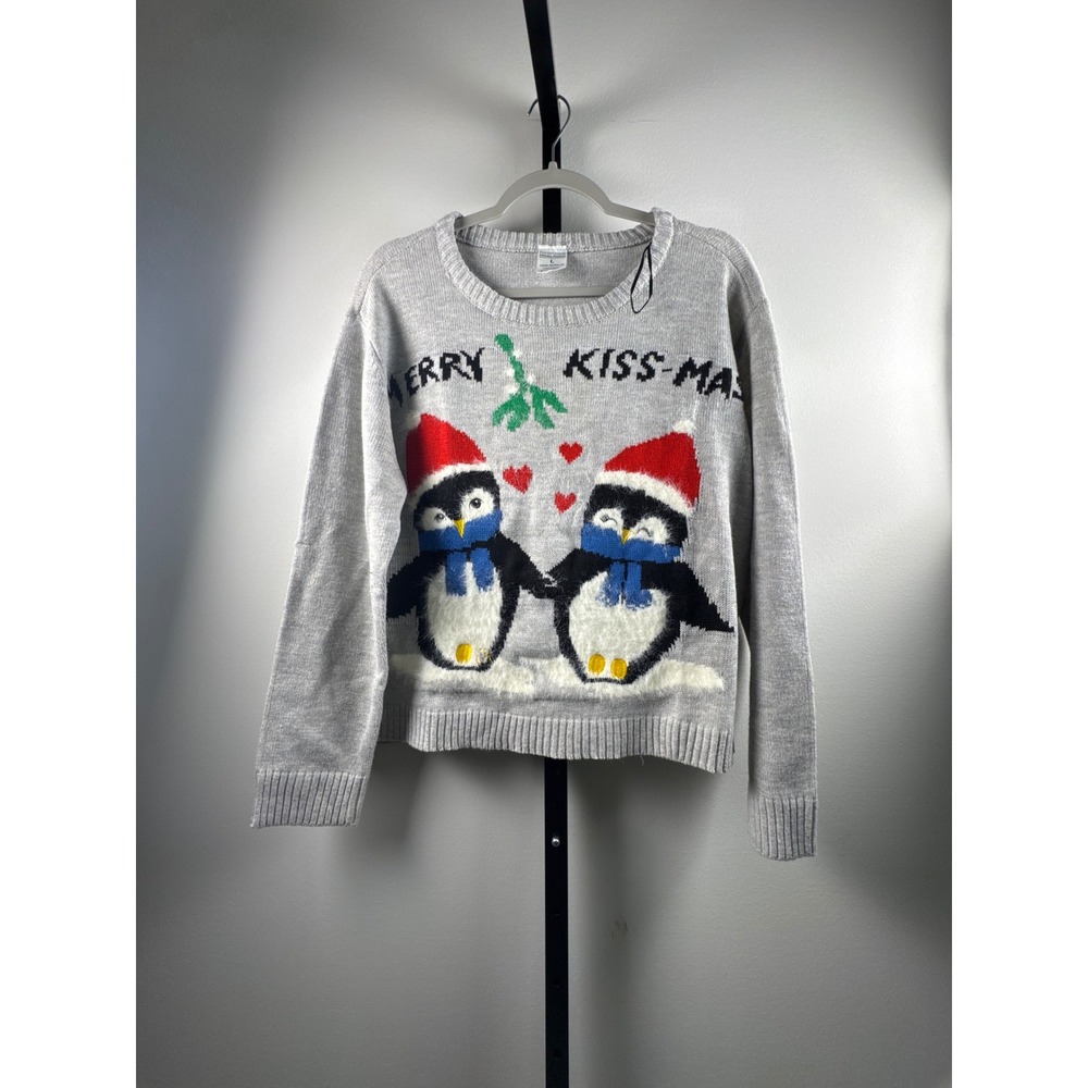 Holiday Time Womens Grey Merry Kiss-Mas Penguin Ugly Christmas Sweater Large L